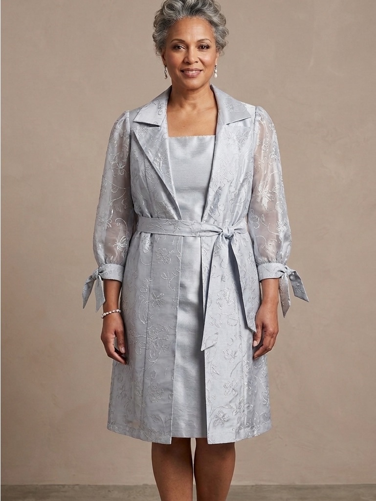 Le Bos Silver Metallic Sleeveless Dress With Embroidered Sheer Topper 20w Plus